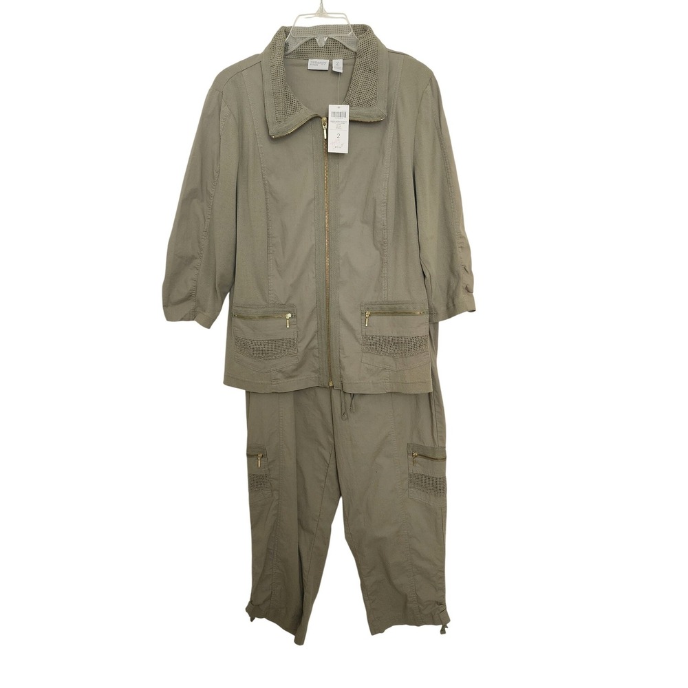Zenergy by Chicos Vetiver Green Poplin Jacket and Crop Pants Set Size 2/1 L XL